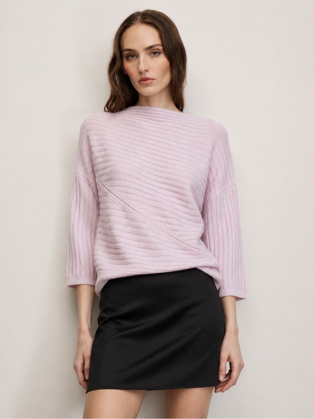 Lewit $329 Pink Ribbed 100% Cashmere Asymmetrical Sweater Sz Large Quiet ji